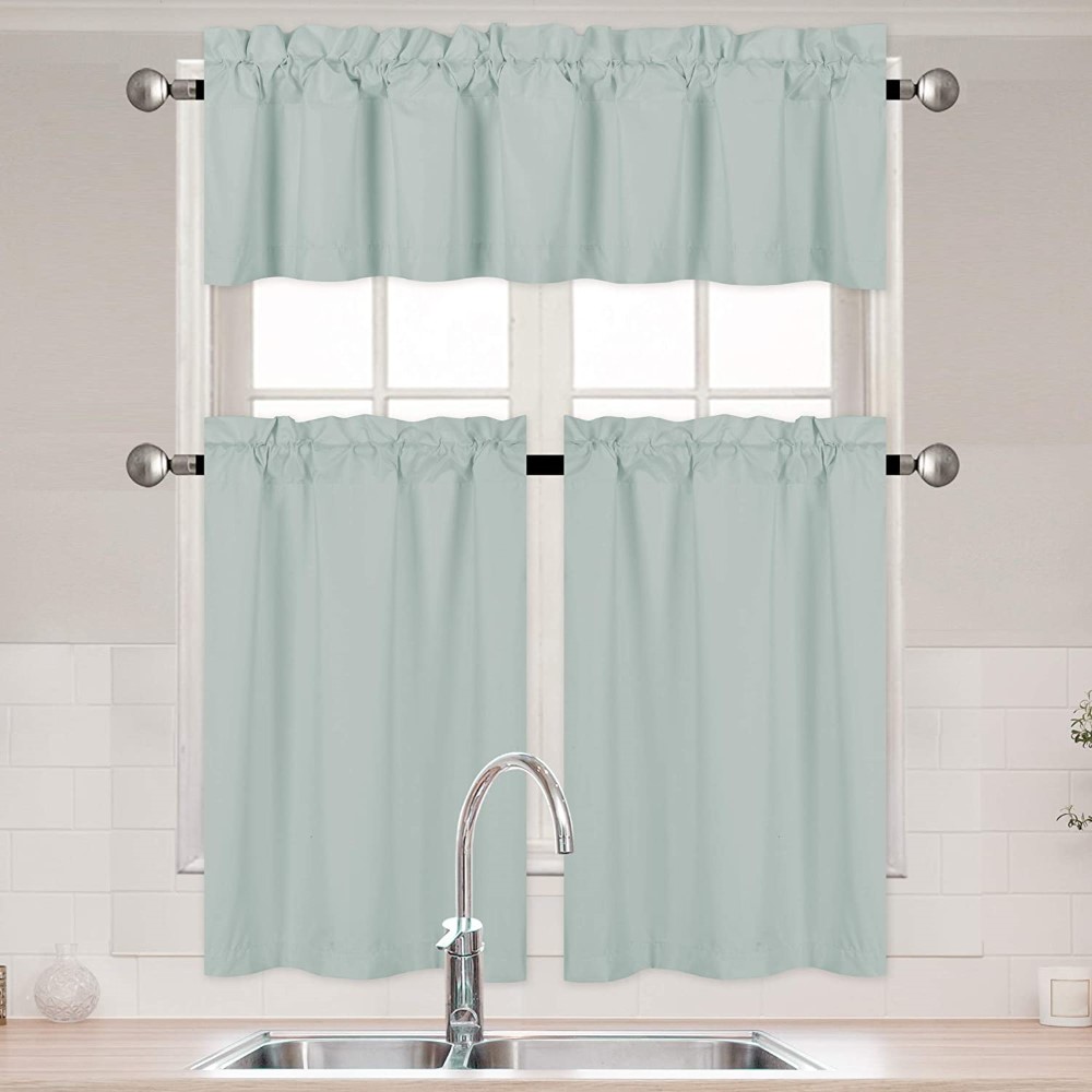Home Collection 3 Pieces Solid Color Kitchen Curtain Set Tier and Valence with Rod Pocket Microfiber 100% Sunlight Blackout Drapes Window Treatment