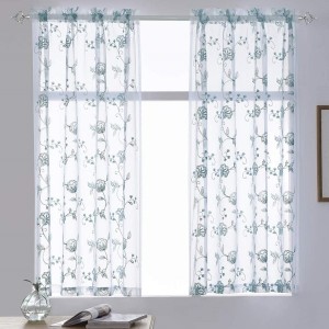 High Quality Window Treatment Living Room Bedroom Door Blue Sheer Curtains Embroidery Rod Pocket Voile Drapes