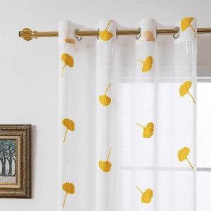 Yellow Embroidered Sheer Curtains for Living Room Bedroom Yellow Embroidery Ginkgo Leaf Voile Drapes Grommet Top