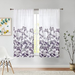 Floral Semi-Sheer Curtain  for Living Room Bedroom Purple Grey Leaf Printed on White Linen Textured Rod Pocket Window Drapes