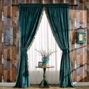 Set of 2 Pom Pom Velvet Blackout Lined Thermal Insulated Rod Pocket Curtains for Bedroom 52×96 Inch Antique Green