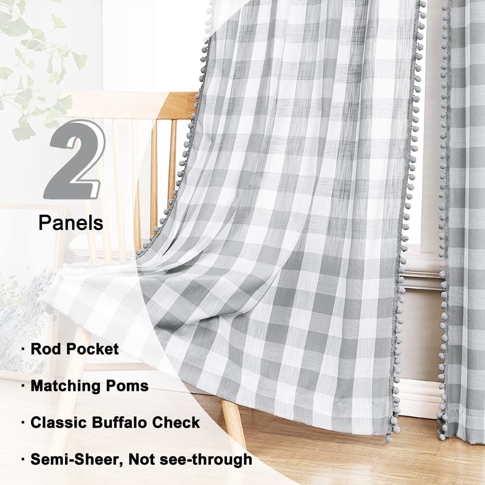 White Grey Buffalo Check Curtains  Farmhouse Gingham Linen Semi Sheer Rustic Drapes Window Treatment Sets for Living Room Bedroom