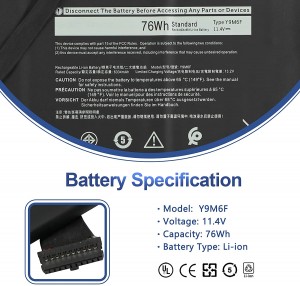 Bateria d'ordinador portàtil Y9M6F compatible amb Dell Alienware M15 R2 P87F ALW15M-R4958W