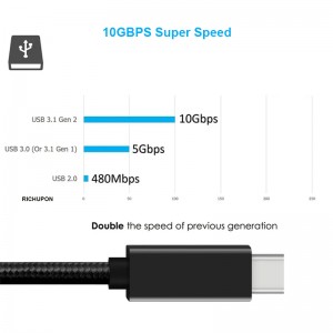 10Gbps USB C నుండి C కేబుల్, USB3.1 Gen1 C నుండి C కేబుల్ సపోర్టింగ్ 4K వీడియో