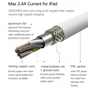 USB A-დან Lightning საკაბელო კაბელი, MFi სერთიფიცირებული დამტენი Apple iPhone-ისთვის, iPad-ისთვის