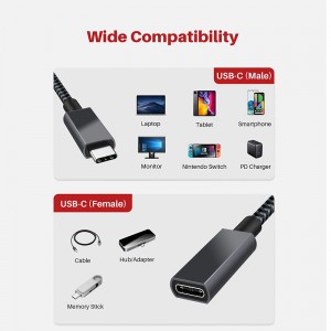 Cebl Estyniad USB C, 100W 10Gbps USB-C 3.1 Gen 2 Cebl Fideo 4K Gwryw i Benyw