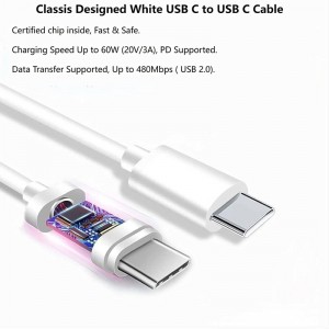 USB 2.0 480Mbps 20V 3A 60W gerð C til gerð C PVC kapall