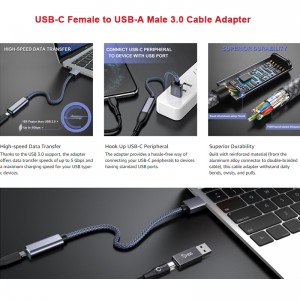 USB C Female amin'ny USB 3.0 Male Cable Adapter,5Gbps USB 3.1 GEN 1 Type A mankany Type C Converter