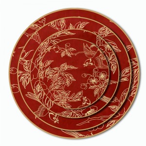 Wholesale canary pattern gold rimmed red bone china ceramic plate set