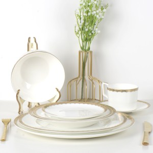 High-end na hotel restaurant banquet bone china plates gold rim tableware set