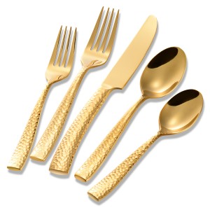 Hand Forged Gold Hammered Stainless Steel Flatware Set foar Wedding
