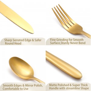គុណភាពខ្ពស់ Morden Stainless Steel Matte Finished Gold Flatware Set