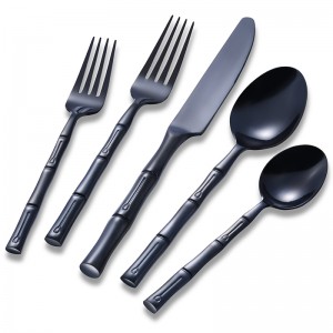 Wholesale Stainless Steel Black Flatware Set with Bamboo Shape Thick Handle