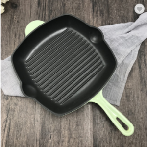 Custom Outdoor Camping Square Enamel Cast Iron Bbq Grill Steak Pan With Handle