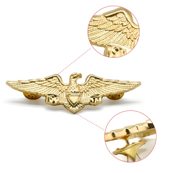 Insignias de Pin de solapa de avión de águila chapadas en oro con forma personalizada