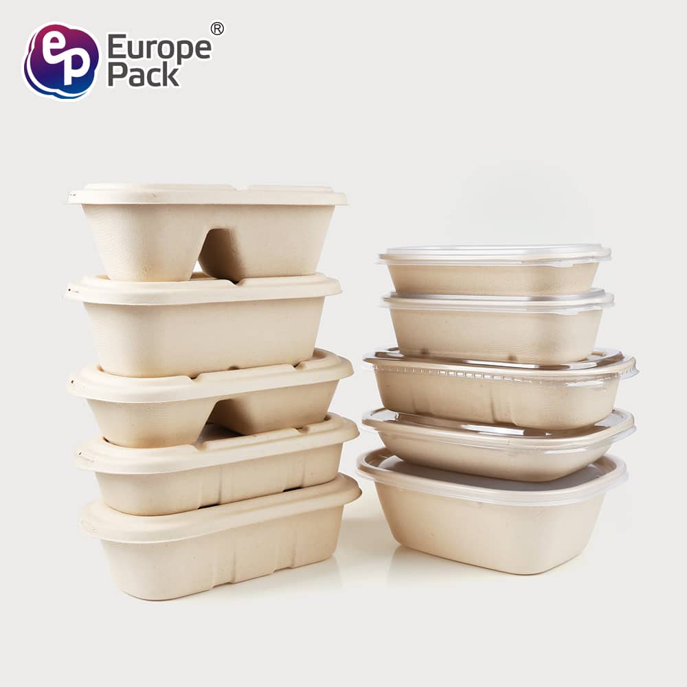 ກ່ອງອາຫານຫວ່າງທີ່ຖິ້ມໄດ້ດ້ວຍເຈ້ຍປົ່ວກະດາດ Bagasse Biodegradable Take Away Food Containers Plastic Boxes