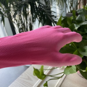 13G pink  polyester liner , Pink PU palm coated