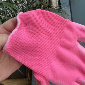 13G pink  polyester liner , Pink PU palm coated