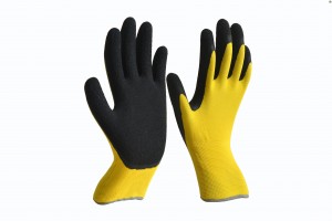 China Wholesale China 13g Yellow Polyester Knit Gloves with Black Latex Palm Coated
