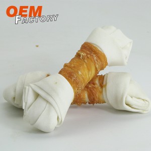 White Rawhide Knot Twined by Chicken Chewy Dog Treats Wholesale at OEM