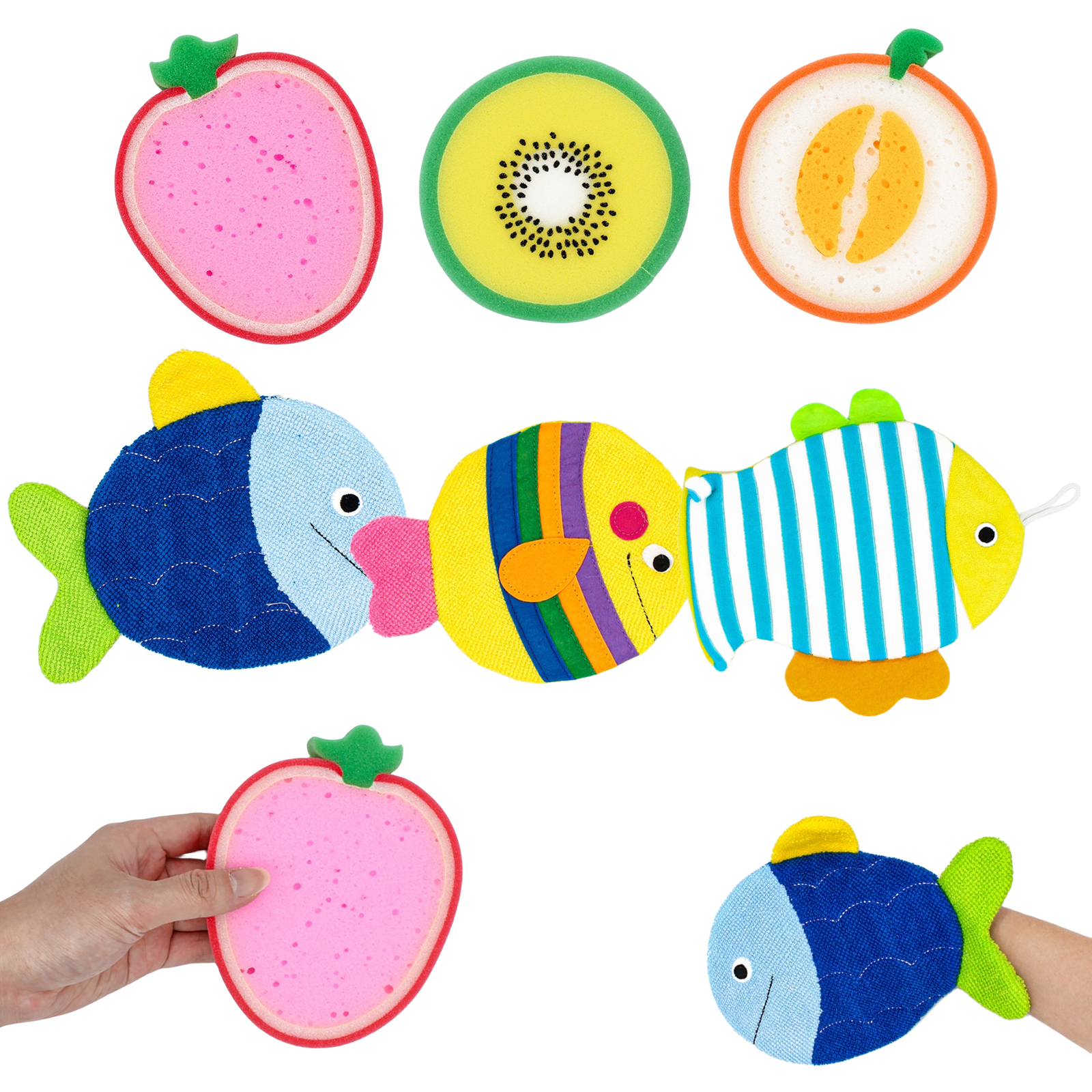 6 парчиња сет за сунѓерести ракавици за капење, цртан филм во облик на риба и облик на овошје