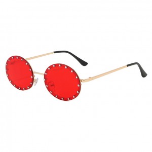 Óculos de sol redondos com armação de metal strass sem aro para mulheres