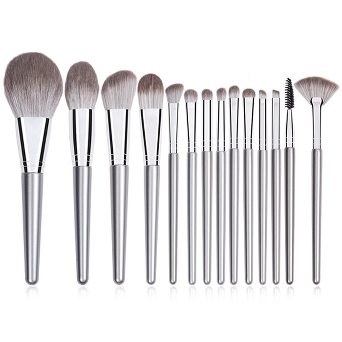 Dongshen new design makeup brush set 14pcs silver fiber synthetic wool copper ferrule wooden handle professional makeup artist makeup tool cosmetic brush Featured Image