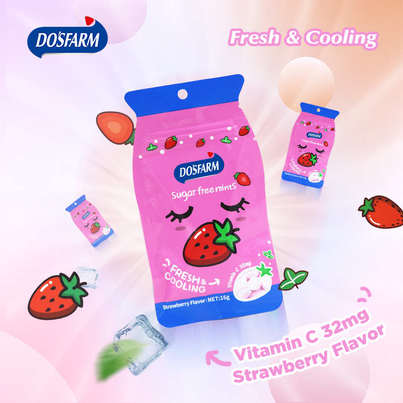 DOSFARM OEM Permen Strawberry Mint Terkompresi Untuk Perusahaan Pendingin Nafas Merokok 16g