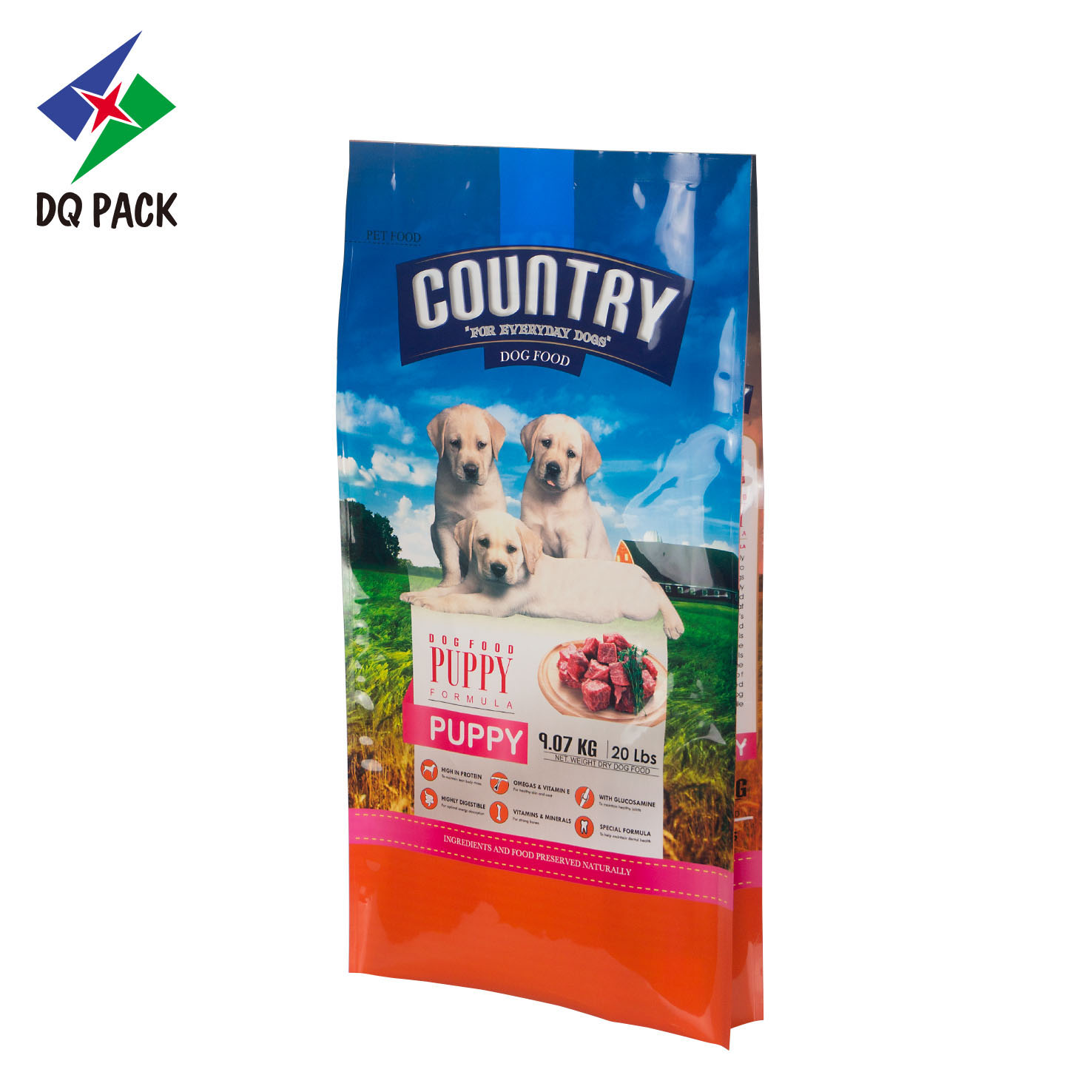 Paquete DQ, bolsa de plástico con fuelle lateral de alta calidad, bolsa de alimentos para mascotas con impresión colorida, bolsa de polietileno con sellado térmico de capacidad personalizada