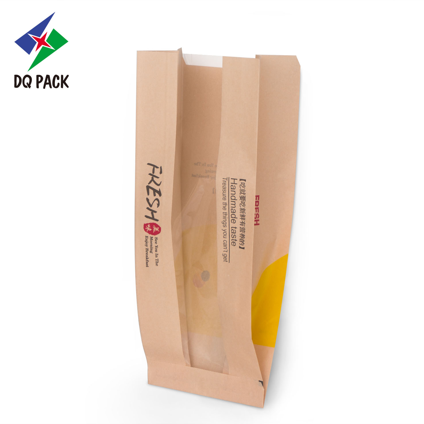 DQ PACK OEM Diseño Bolsa de papel Kraft Bolsa de escudete lateral transparente Bolsa de embalaje de pan