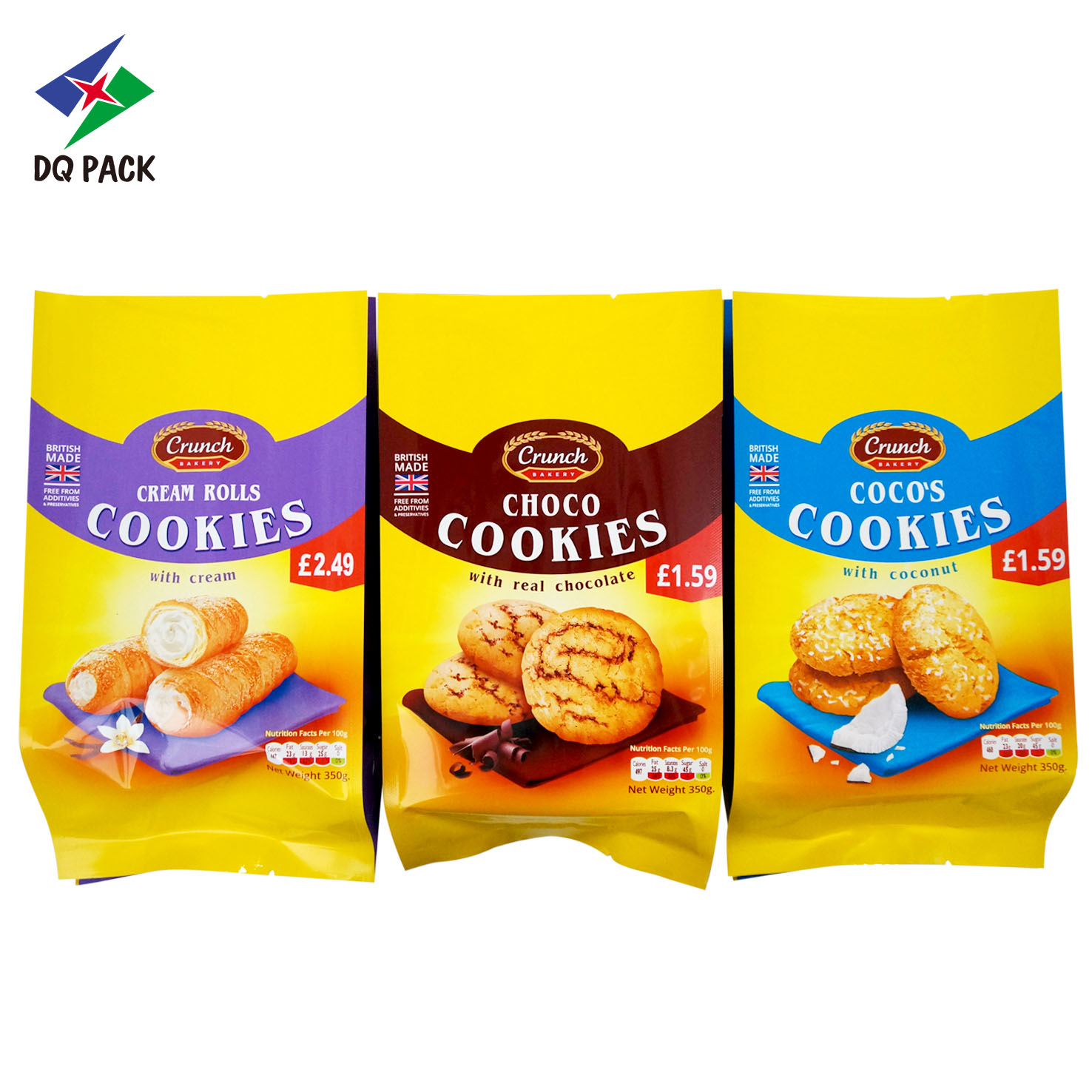 DQ PACK OEM Design 350g Cookies Side Gusset Bag Plastic Heat Seal Snacks كيس التغليف حقيبة مايلر