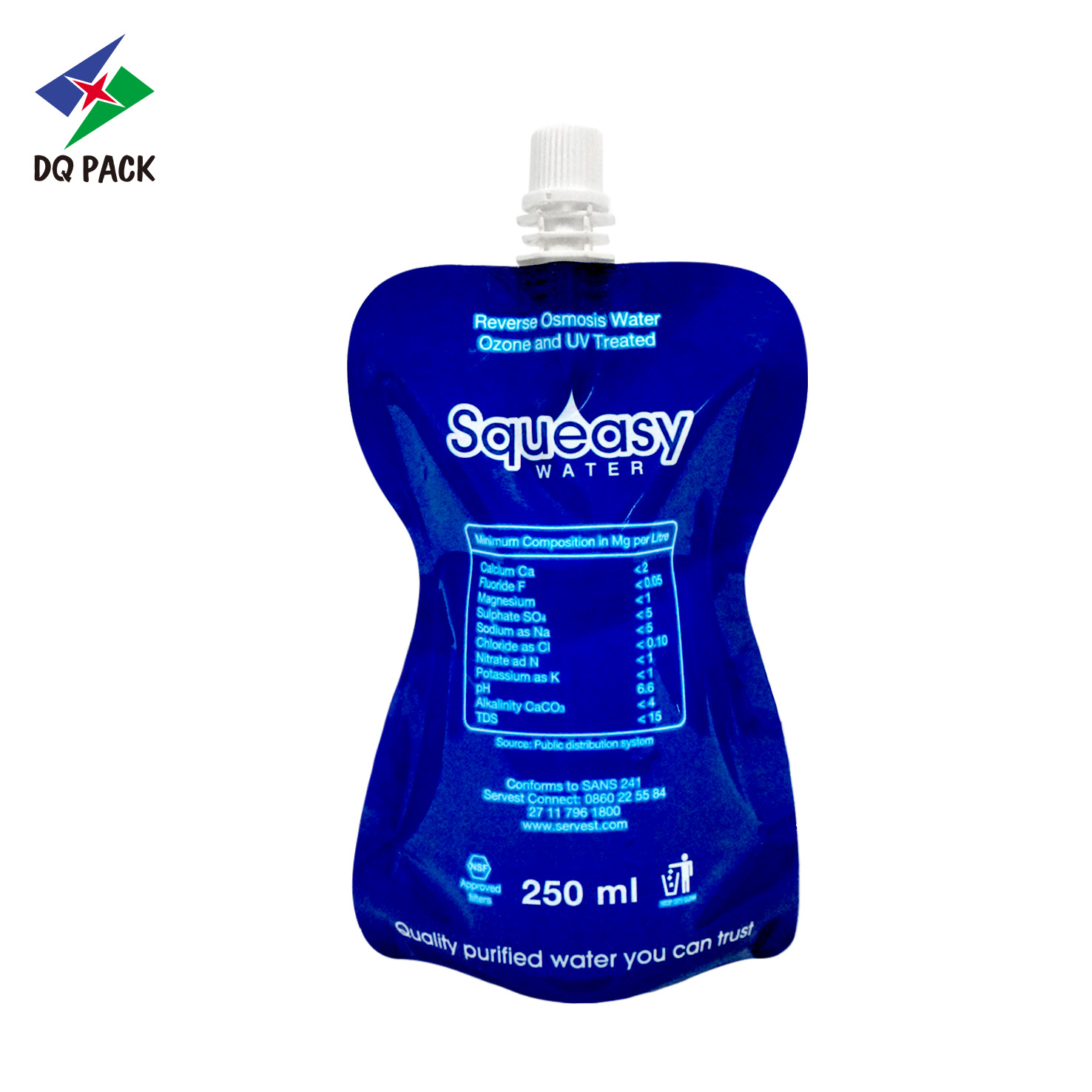 DQ PACK OEM Design Water Packing Bag 250ML Plastic Stand Up Spout Pouch Special Shape Poly Bag