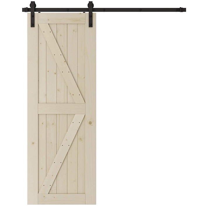K-Frame bīdāmās šķūņa koka durvis, kas ir iepriekš urbtas, gatavas montāžai ar izmēru 36 x 84 collu piedāvāto attēlu