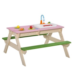 Koka piknika galds bērniem ar spēlēm un kroga soliņiem smilšu kastes izlietne