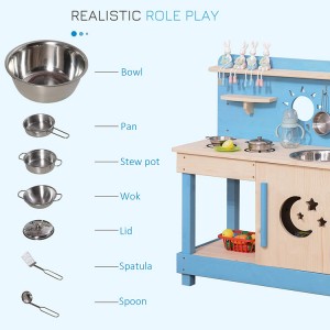 Estufa de juguete de cocina de barro con patio de juegos de madera para interiores azul cielo para niños al aire libre con fregadero
