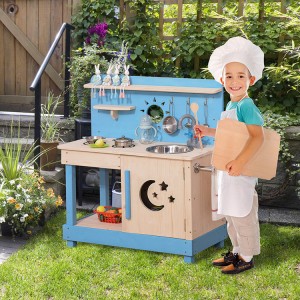 Estufa de juguete de cocina de barro con patio de juegos de madera para interiores azul cielo para niños al aire libre con fregadero