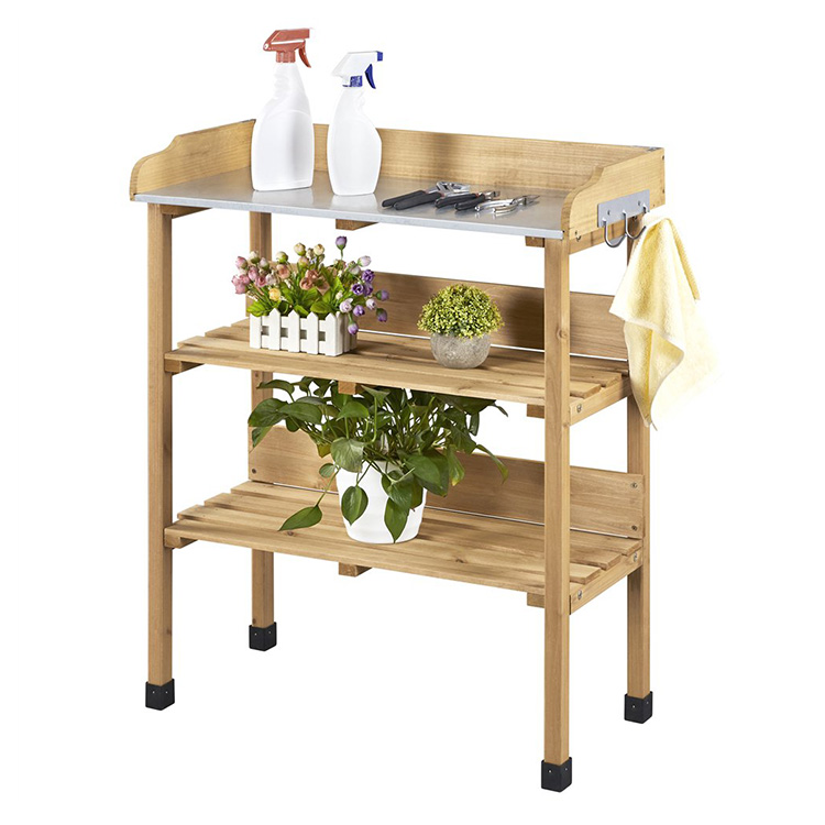 Potting Bench Table Wooden Gardening Plant Workstation Natural Solid Wood with Storage Shelf Featured Image