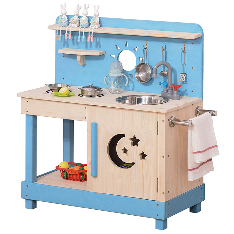 Outdoor Pretend Children Sky Blue Indoor Wooden Playground Mud Kitchen Toy Stove with Sink រូបភាពពិសេស