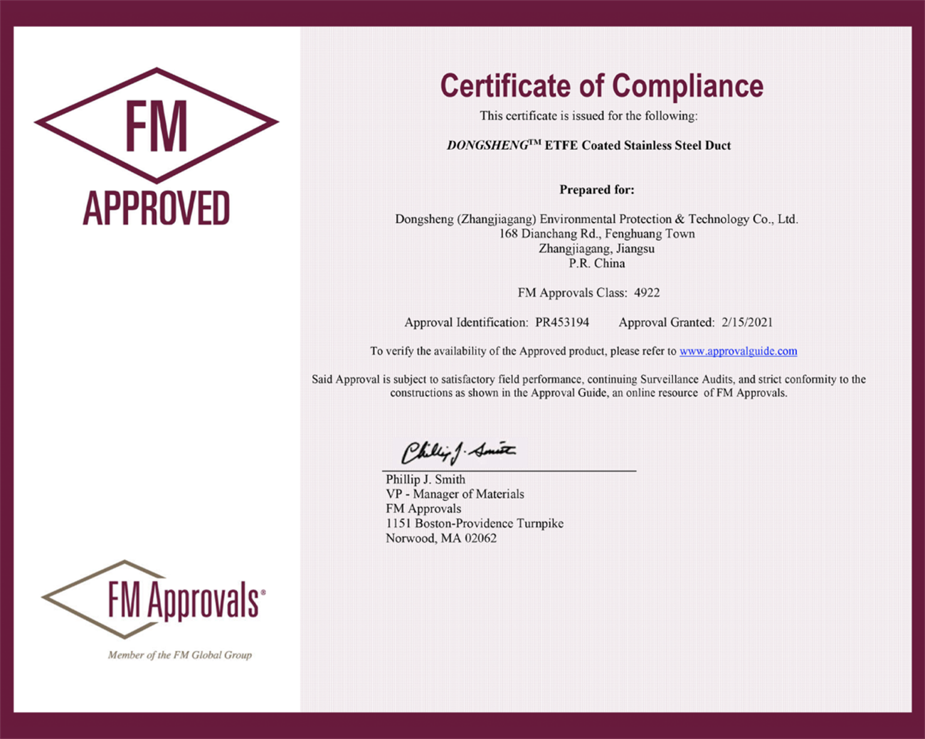 Stiprumo patvirtinimas: Dongsheng Environmental Protection ETFE teflonu padengtas nerūdijančio plieno ortakis, apdovanotas JAV FM sertifikatu