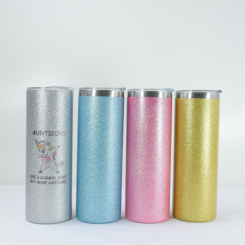 double wall vacuum insulated stainless 20oz total straight glitter powder coated skinny tumbler with leakproof lid
