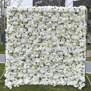 Custom 5D 3D White Rose Hydrangea Roll Up Lamba Voninkazo Rindrin'ny fampakaram-bady Silk Rose Flower Panel Backdrop Flower Wall