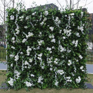 Custom 5D 3D White Rose Hydrangea Roll Up Tela Pared de flores Decoración de la boda Seda artificial Rose Flower Panel Telón de fondo Pared de flores