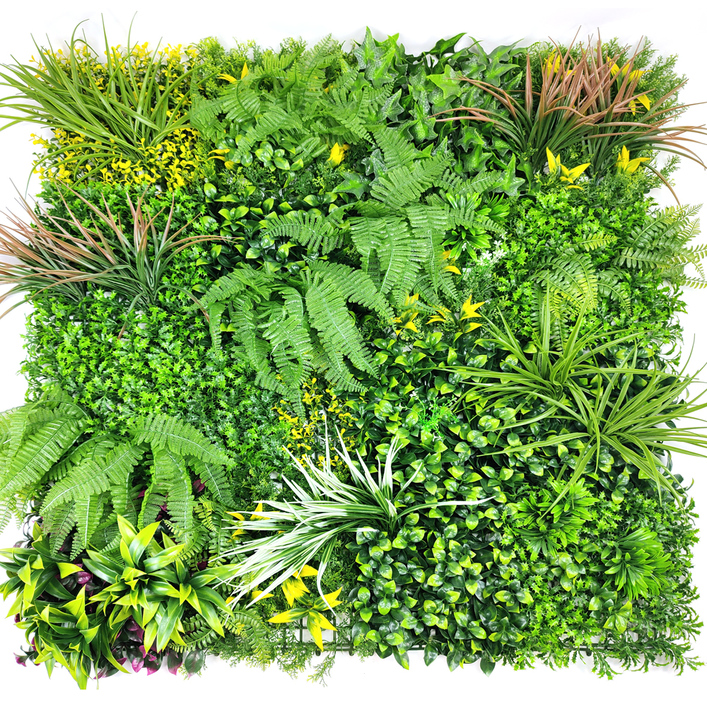 वनस्पति कृत्रिम यूवी प्रतिरोधी पौधे की दीवार इनडोर और आउटडोर सजावट पैनल कृत्रिम पत्ते हरी घास की दीवार 100*100 सेमी विशेष रुप से प्रदर्शित छवि