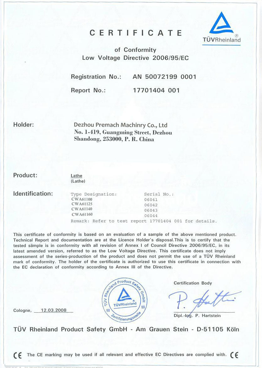 Certificato CE rilasciato dal TUV tedesco