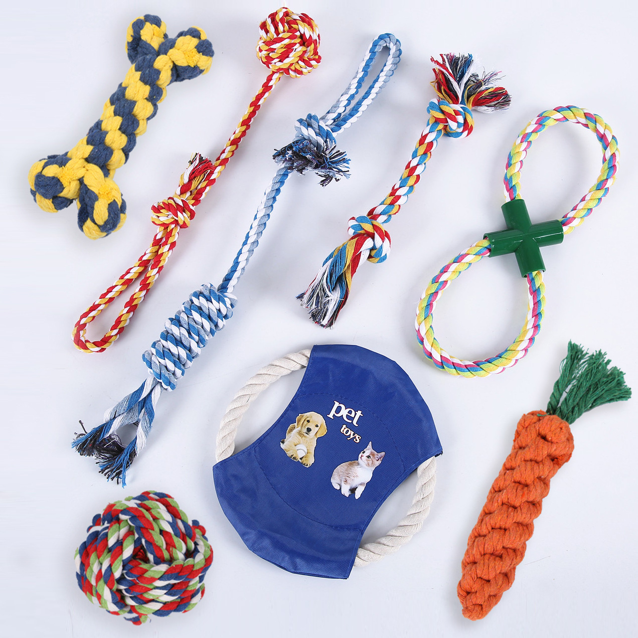 Personalizzato 8 pezzi / set giocattolo per cani durevole giocattolo per cani cigolante in corda di cotone interattivo