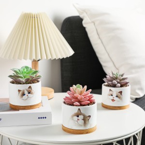 Fake Artificial Succulents Cog Ceramic Pots Cat Planter Gifts Home Decor