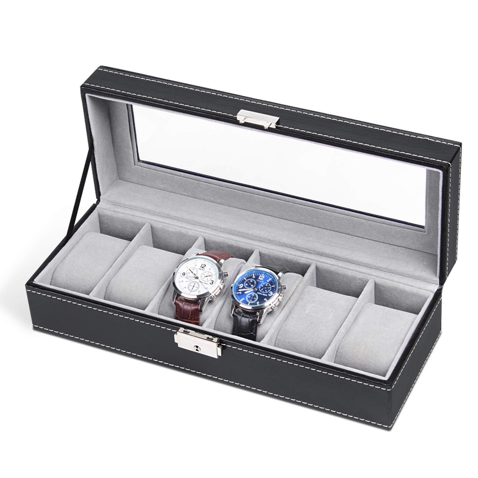 Caja de reloj de cuero Vitrina Organizador de colección Almacenamiento de joyas de vidrio