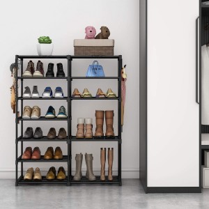 7 Tiers Taller Shoe Rack Metal Shelf Storage Organiser miaraka amin'ny sisiny hook ho an'ny fidirana