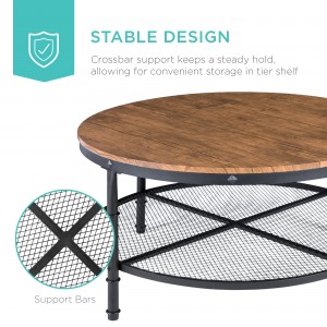 2-Tie Round Industrial Coffee Table Rustic Steel Accent Table Reinforced Crossbars