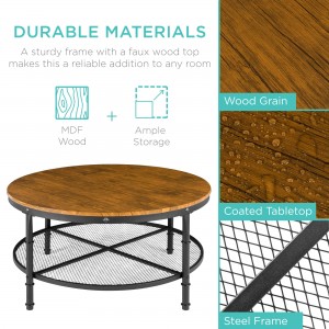 2-Tie Round Industrial Coffee Table Rustic Steel Accent Table fersterke Crossbars